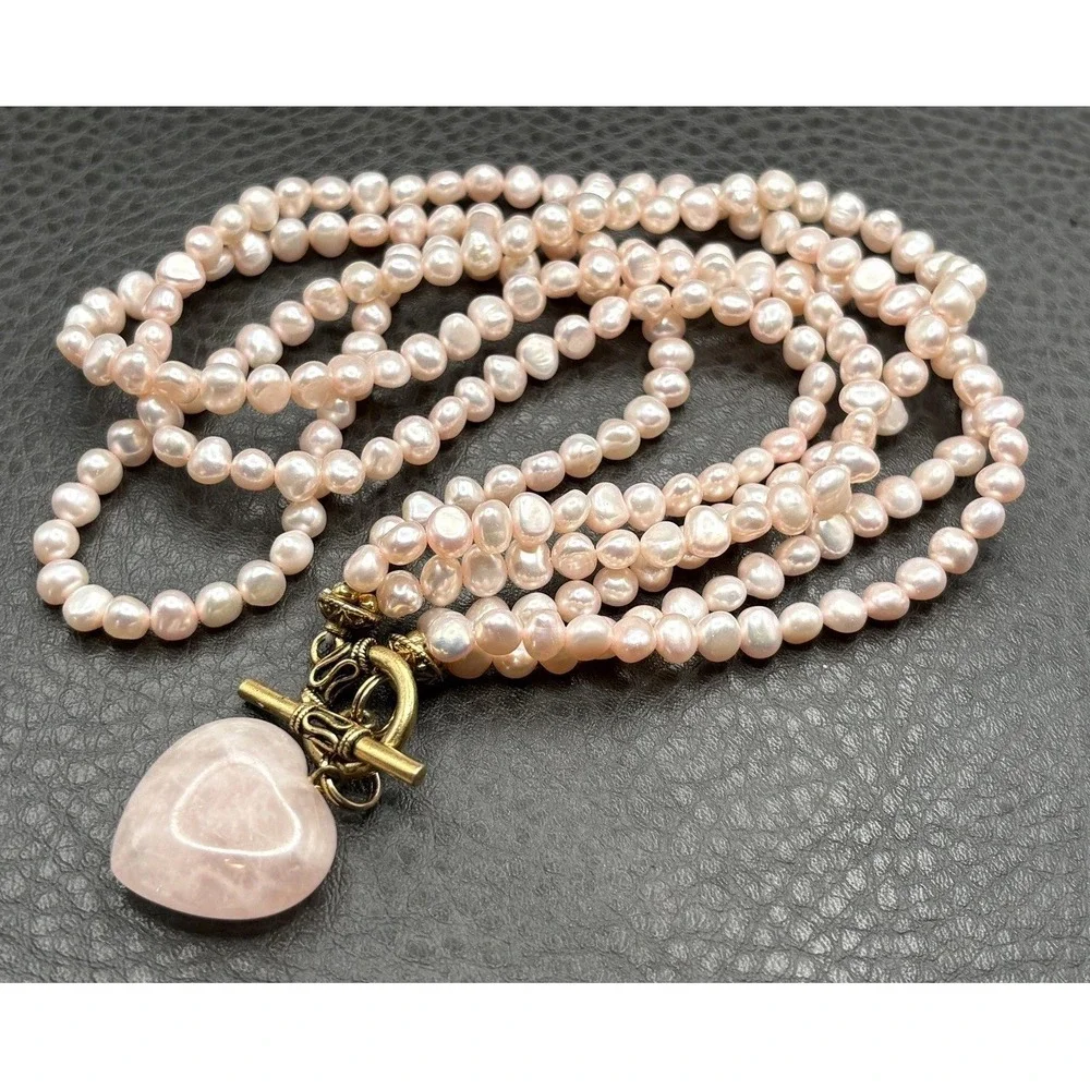 Multi Strand Rose Quartz Heart Pendant Pink Pearl Beaded Necklace Toggle Clasp